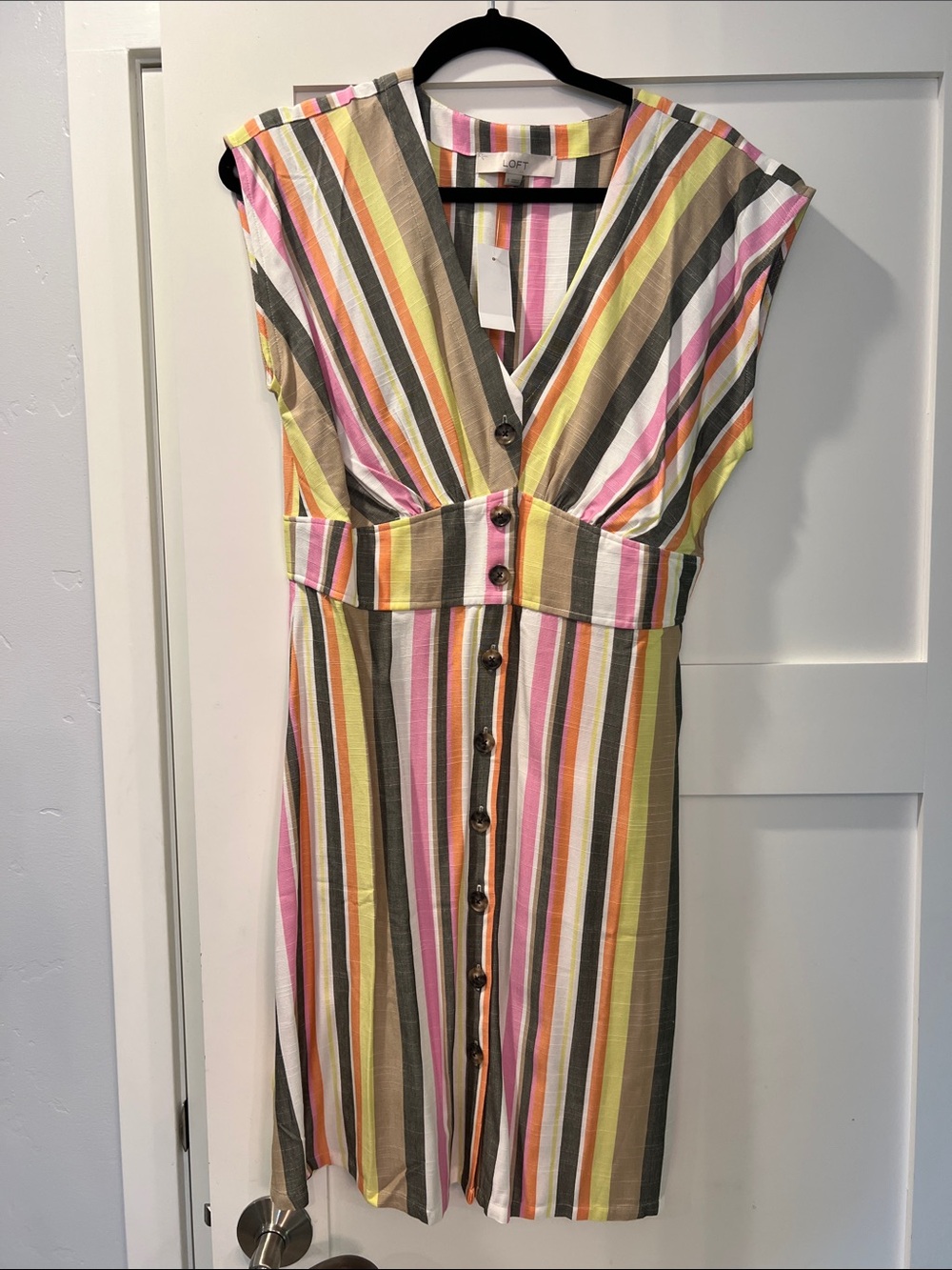 Striped Button-Front V-Neck Midi Dress in Multicolor